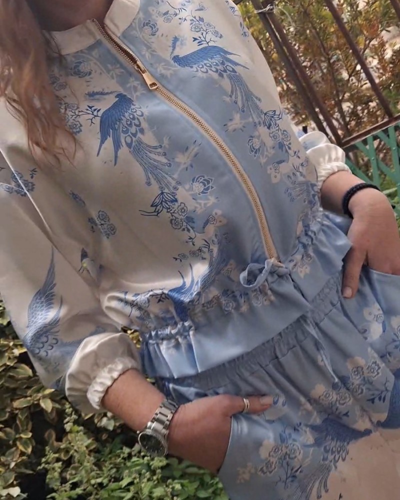 Γυναικείο Σετ Jacket & Παντελόνα με γαλάζιο Print